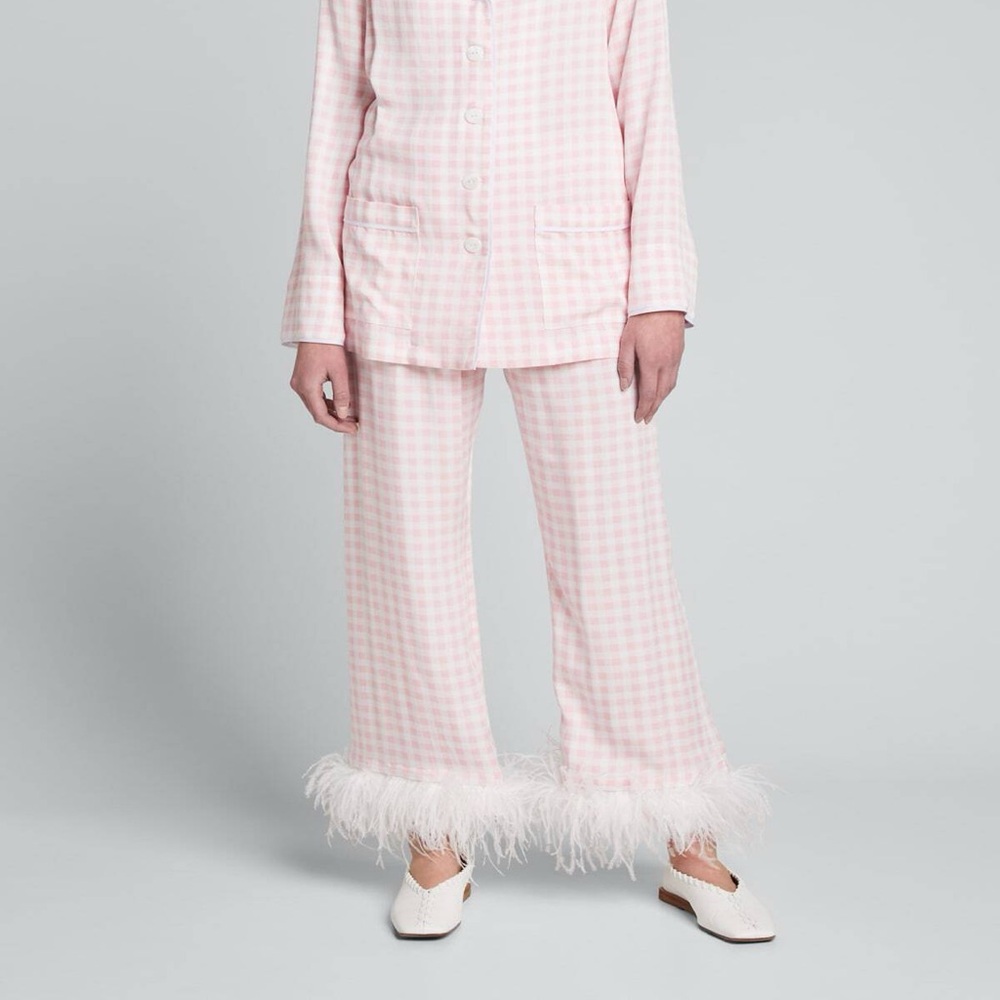 Sleeper Pajama Bottoms Size XS Pink White Gingham Feather Trim
